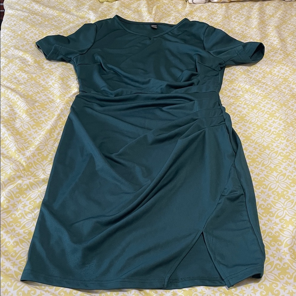 SHEIN Large Teal Green Mini Dress Sexy Rusching Stretchy & Flattering EUC